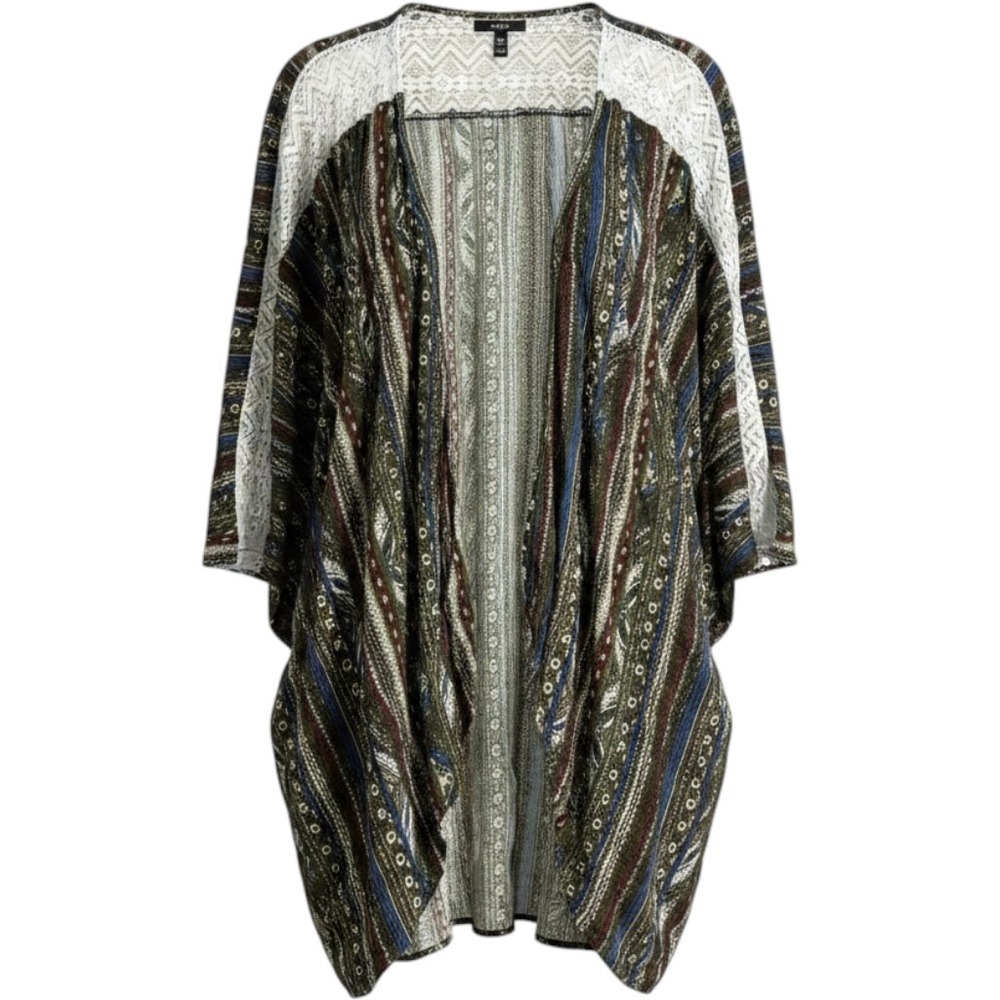 Swim Cover Cruise Vacation Kimono Cardigan Boho Stripe Lace Trim Open‎ Front